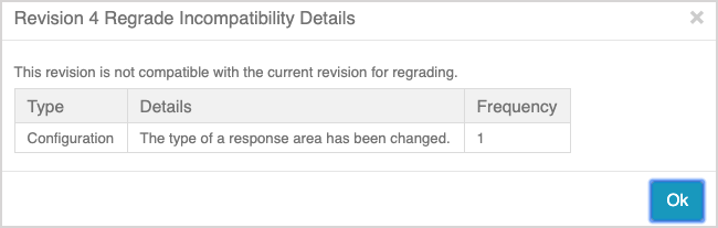 A table is shown that explains the details of why the revision isn't compatible.